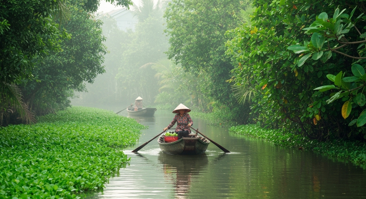 Local woman in a traditional non la hat navigating a quiet canal in Can Tho.
