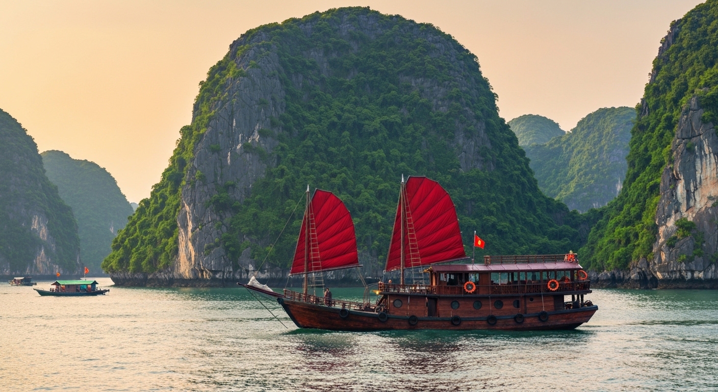 Beyond the Crowds: Unveiling the Magic of Lan Ha & Bai Tu Long Bays ✨ Traditional junk boat sailing through emerald karsts of Lan Ha Bay at sunset.