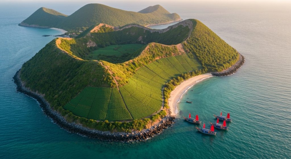 L Sn Island volcanic landscape with green garlic fields and blue ocean at sunset