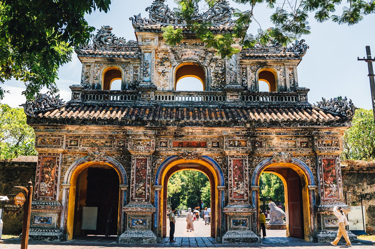 Intricate architectural details of the historic gate in the Imperial City of Huế, Vietnam.