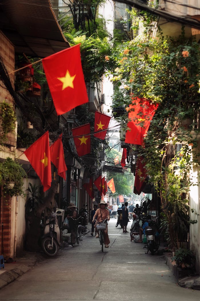 Bustling street in Hanoi adorned with Vietnamese flags celebrating National Day.