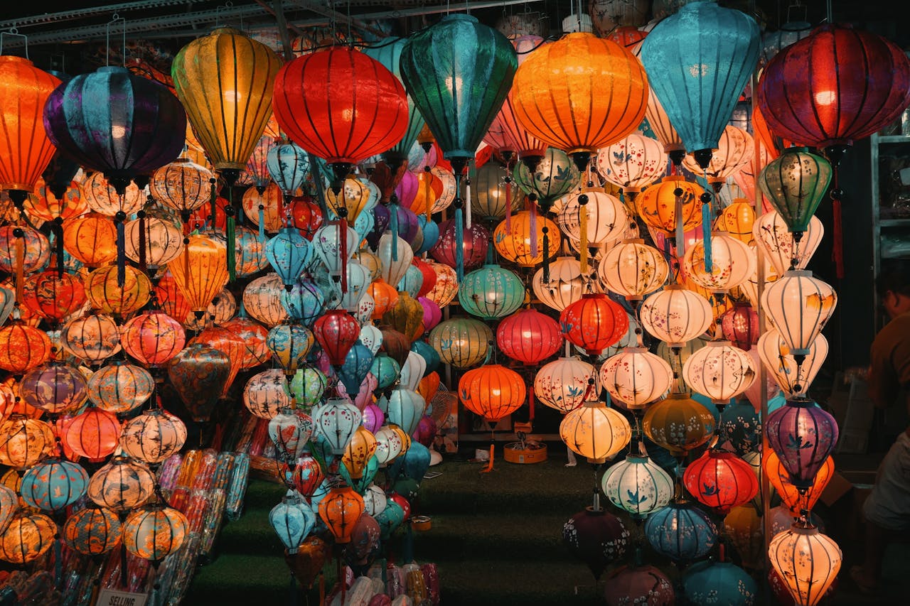 Vibrant display of traditional lanterns in Hội An, showcasing Vietnamese culture.