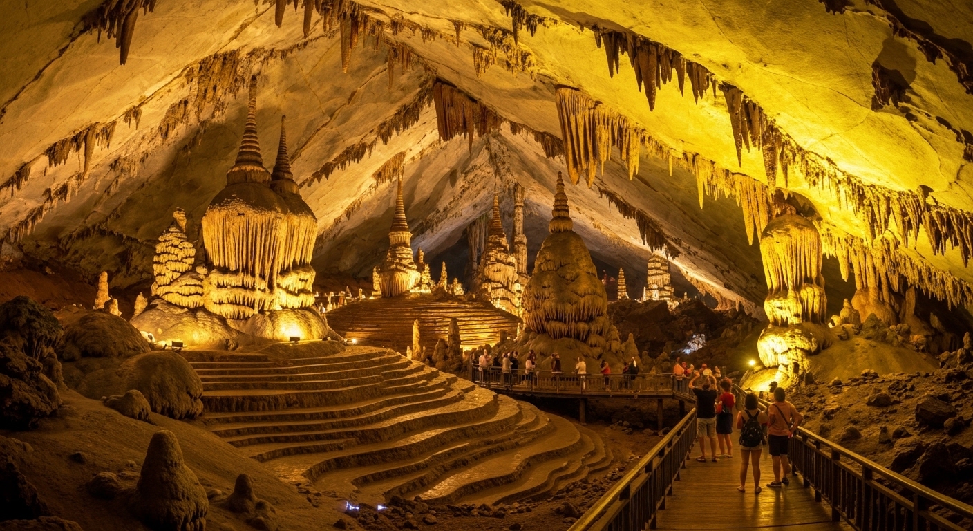 Inside Paradise Cave Phong Nha, illuminated stalactites and stalagmites.