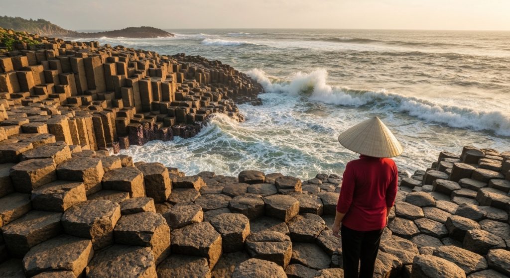 Vietnamese woman at Ghenh Da Dia basalt columns, Phu Yen, Vietnam coast.