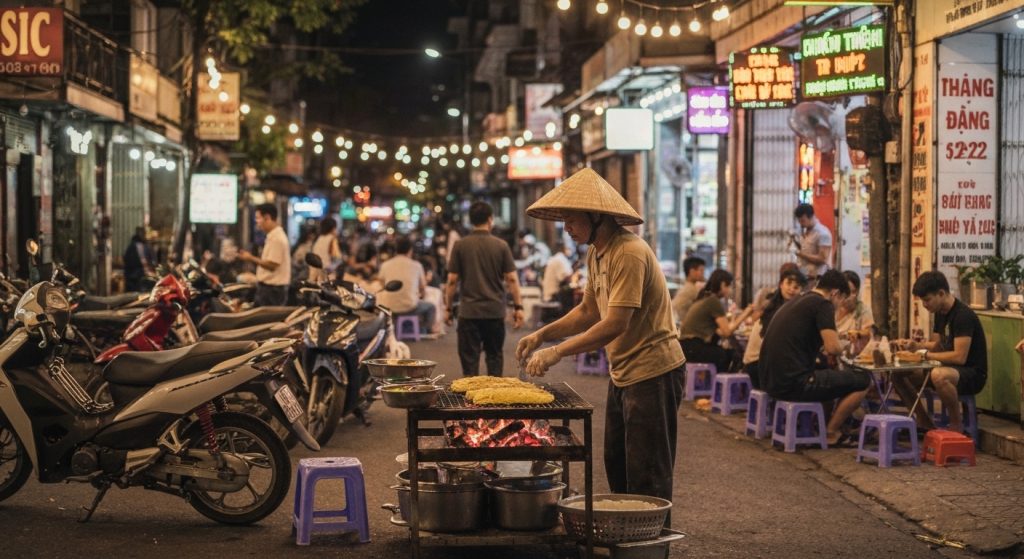 Bustling Ho Chi Minh City District 4 street food scene at night with vendors